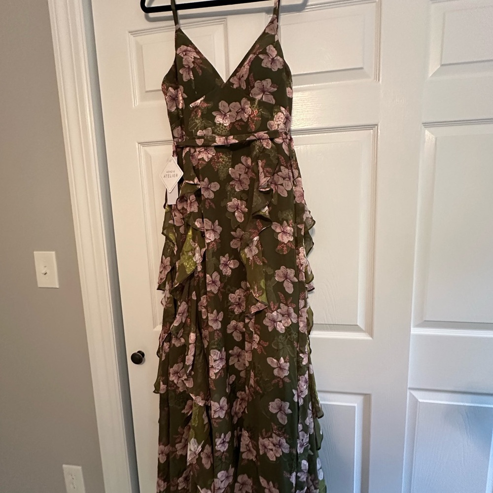 Azazie Megan Olive Floral Maxi Dress size 10